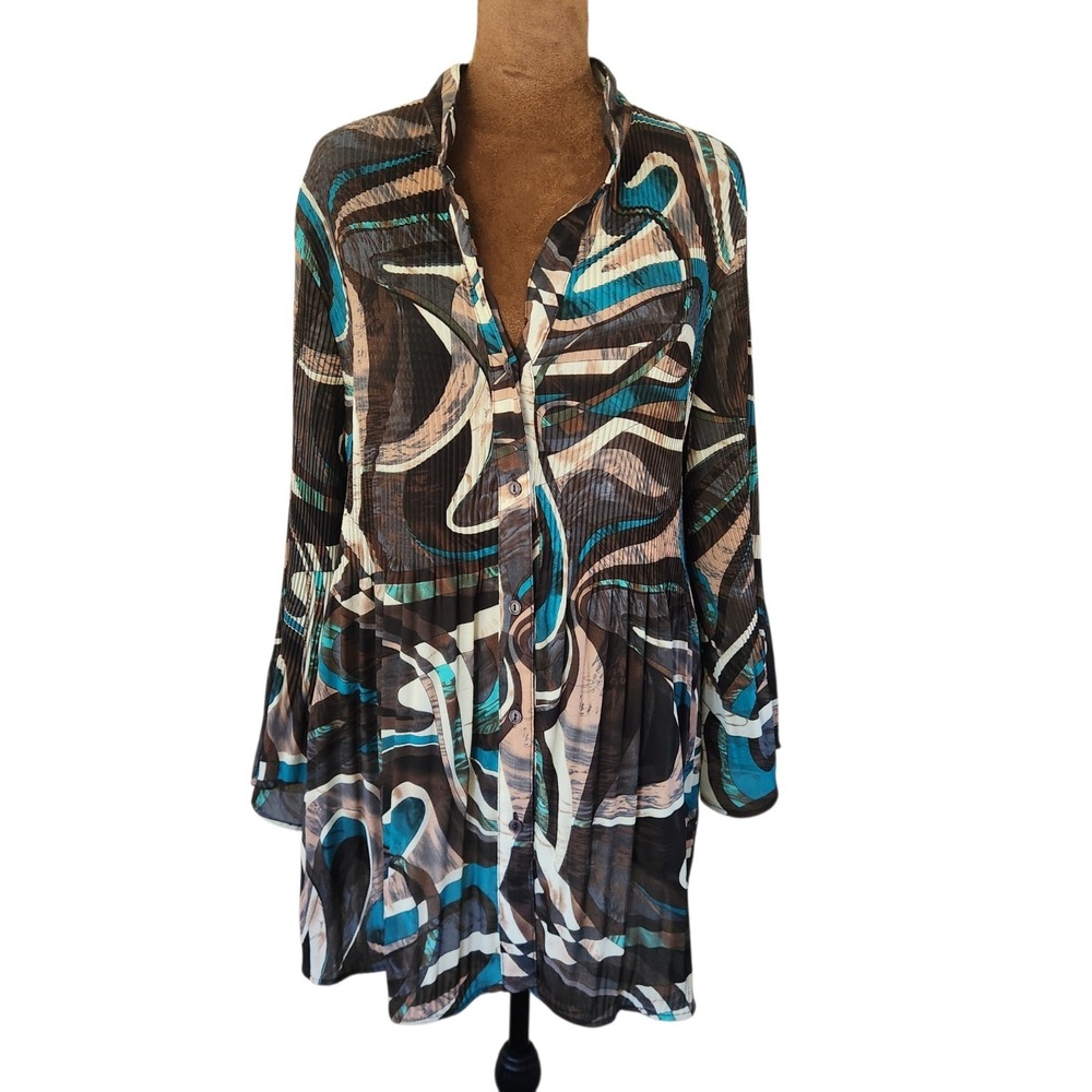 Serenade Women's Blouse Size 2X Flare Sleeve Pleated Sheer Geometric Top Button